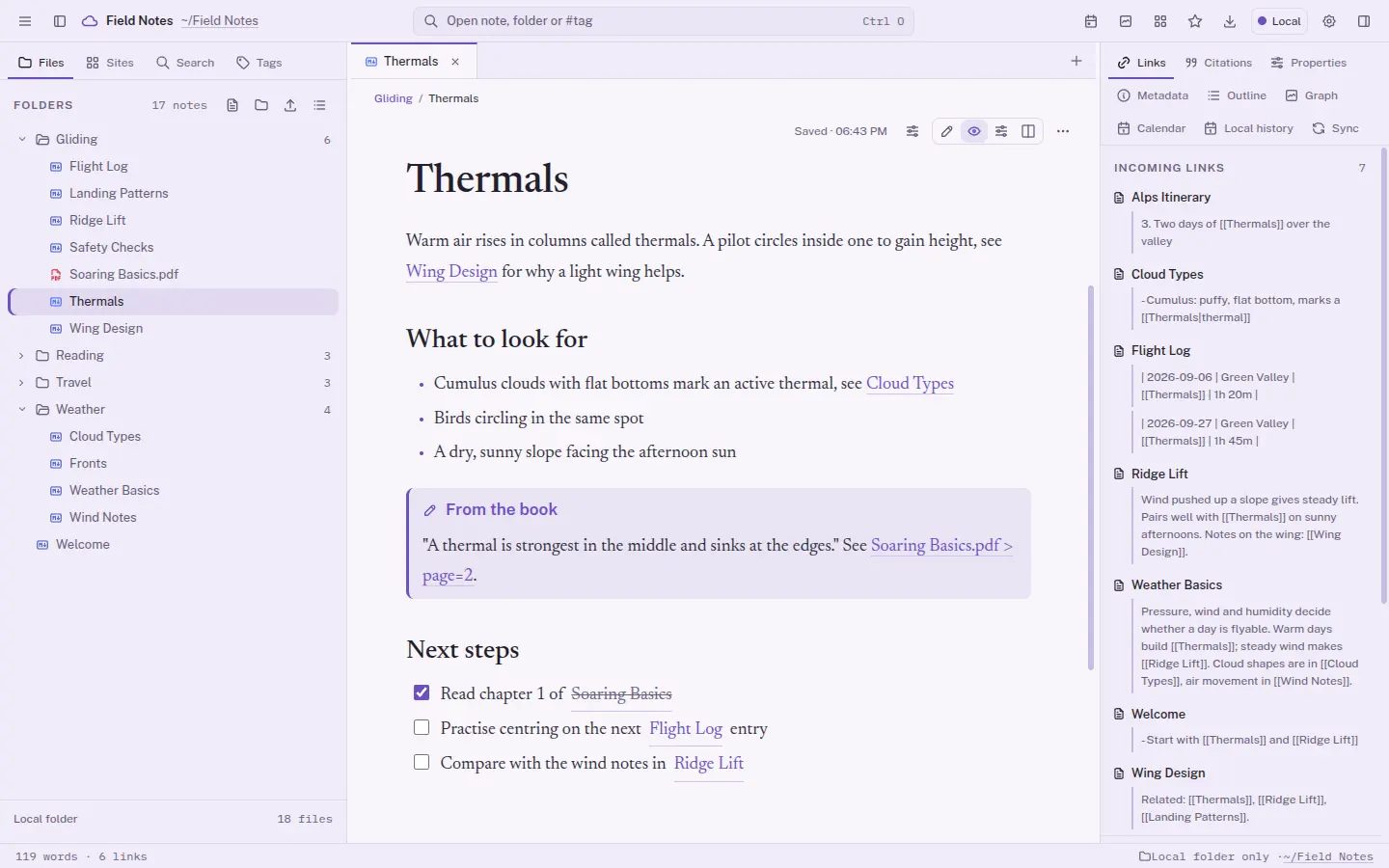 A Markdown note with a properties block, a checklist and a callout