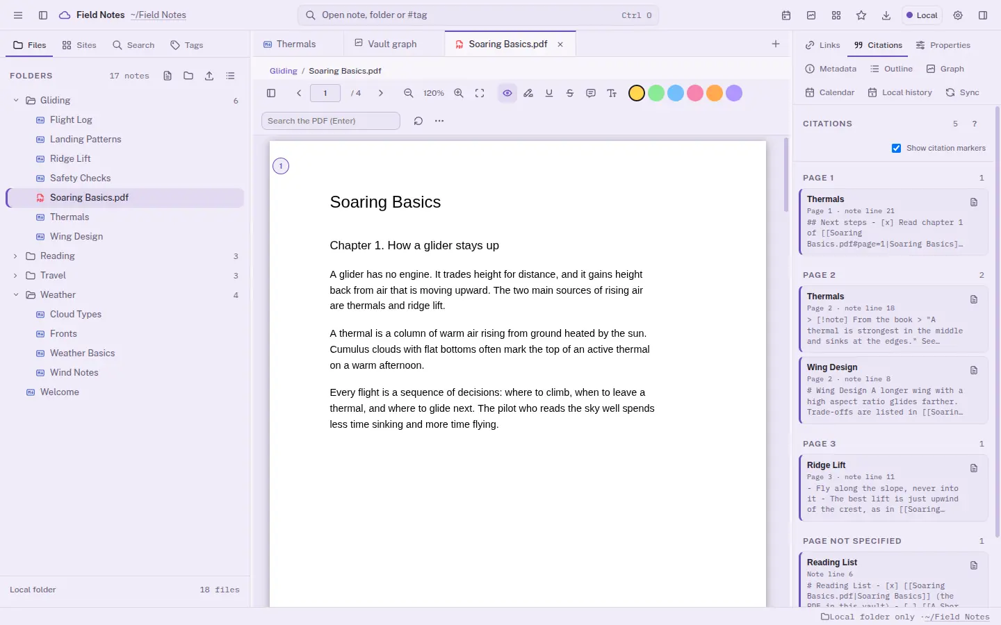 A PDF open in KeepGlide with highlight tools and the notes that cite it