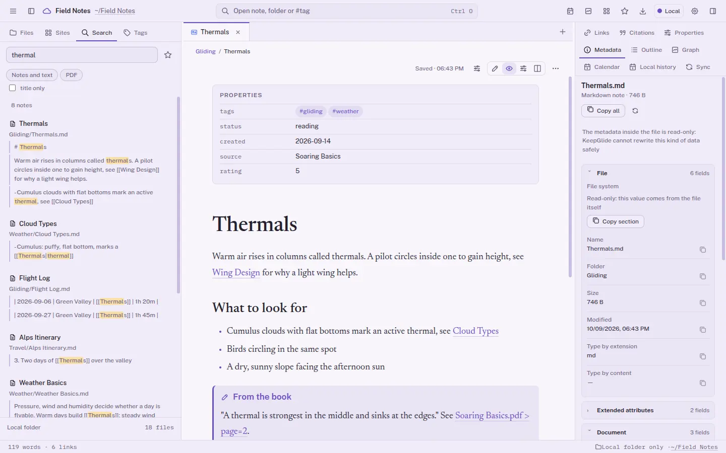 Search results listing five notes with the matching word highlighted next to an open note